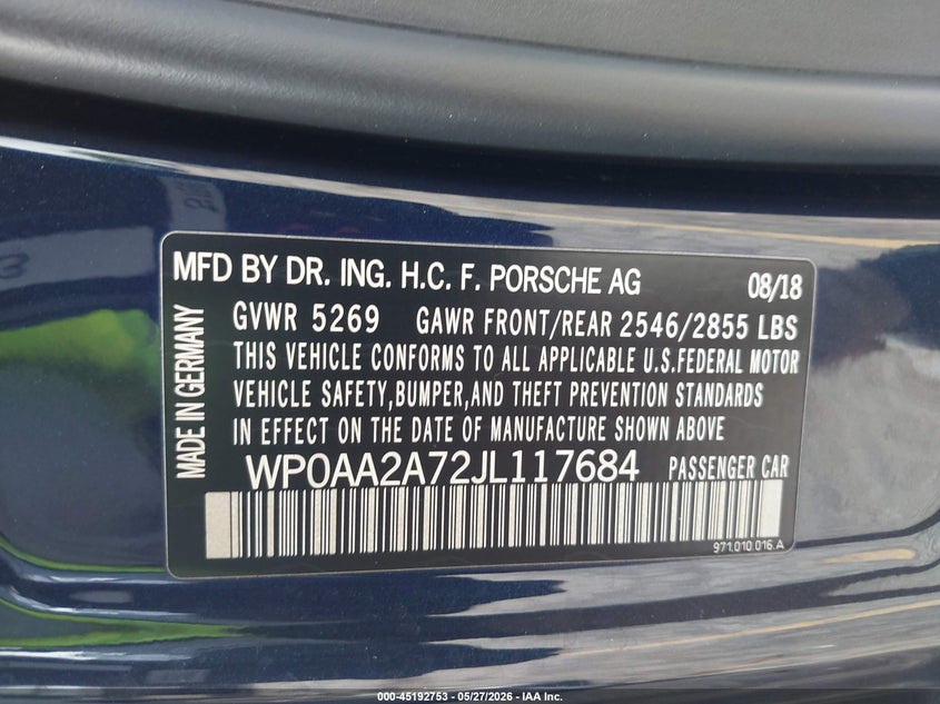 2018 Porsche Panamera VIN WP0AA2A72JL117684 IAAI salvage auction — REAR END, Salvage Title, sold $16,675 on 2026-07-20 (photo 9)