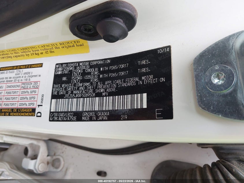 2015 Toyota 4runner VIN JTEZU5JRXF5089508 IAAI salvage auction — RIGHT FRONT, Salvage (Texas), sold $3,700 on 2026-07-29 (photo 9)