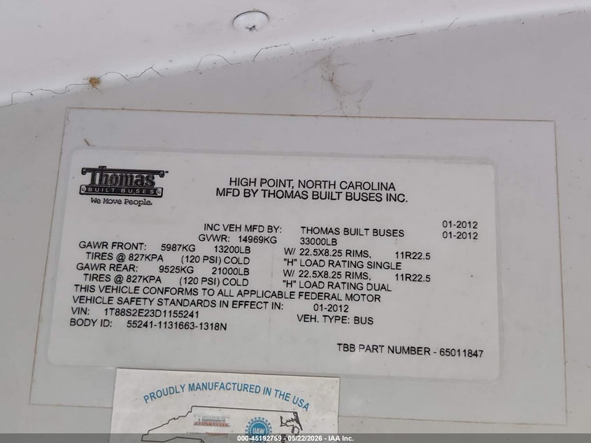 2013 Thomas Transit bus VIN 1T88S2E23D1155241 IAAI salvage auction — SIDE, Sf97 (Texas), sold $16,150 on 2026-07-07 (photo 9)