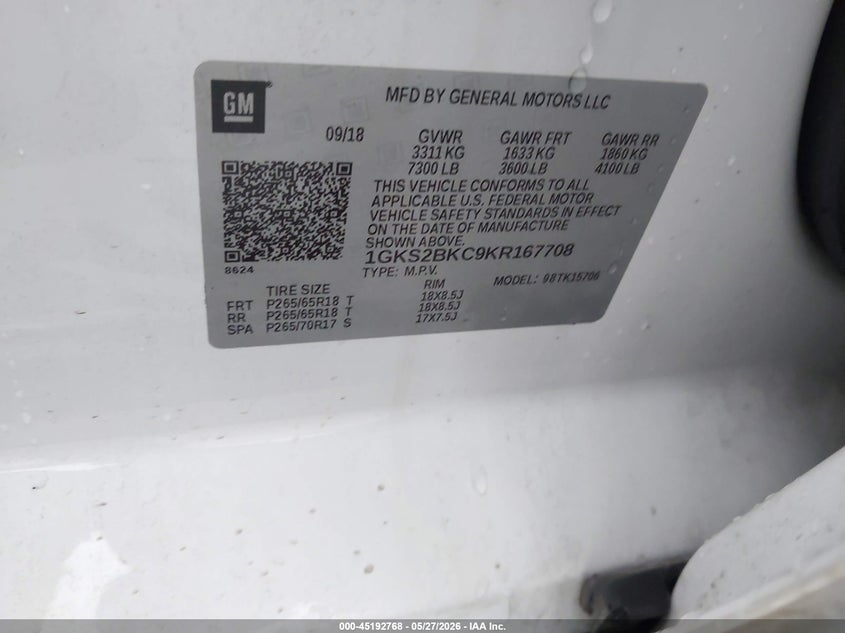 2019 Gmc Yukon VIN 1GKS2BKC9KR167708 IAAI salvage auction — FRONT END, Salvage Title, sold $13,450 on 2026-09-02 (photo 9)
