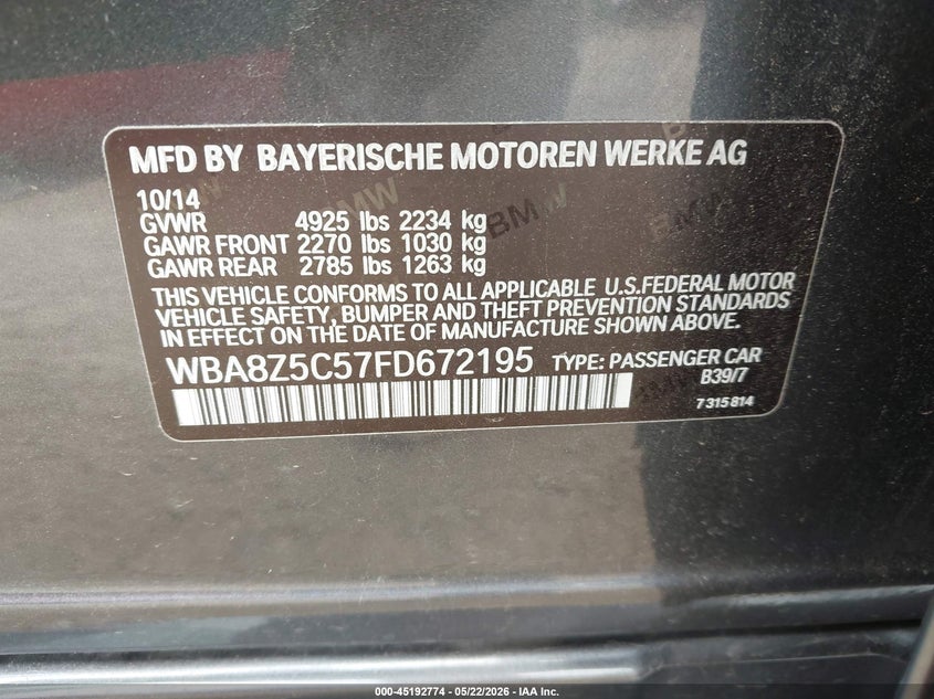 2015 BMW 3er VIN WBA8Z5C57FD672195 IAAI salvage auction — ROLLOVER, Salvage (Illinois), sold $425 on 2026-07-08 (photo 9)
