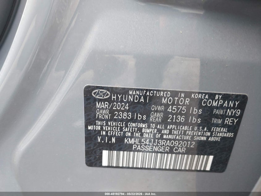 2024 Hyundai Sonata VIN KMHL54JJ3RA092012 IAAI salvage auction — FRONT & REAR, Salvage (Pennsylvania), sold $8,600 on 2026-07-31 (photo 9)