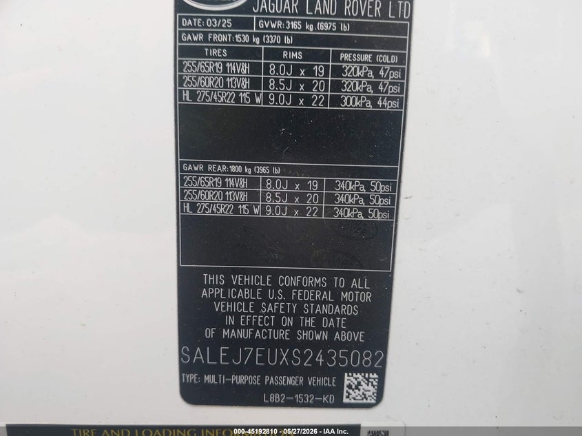 2025 Land rover Defender VIN SALEJ7EUXS2435082 IAAI salvage auction — FRONT END, Salvage Title, sold $24,300 on 2026-07-06 (photo 9)
