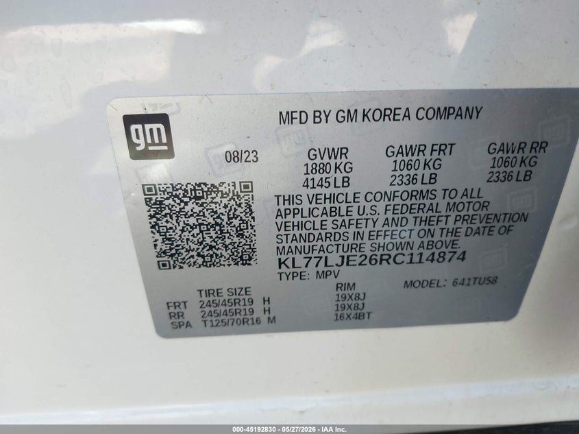 2024 Chevrolet Trax VIN KL77LJE26RC114874 IAAI salvage auction — RIGHT FRONT, Salvage Title, sold $8,000 on 2026-08-02 (photo 9)