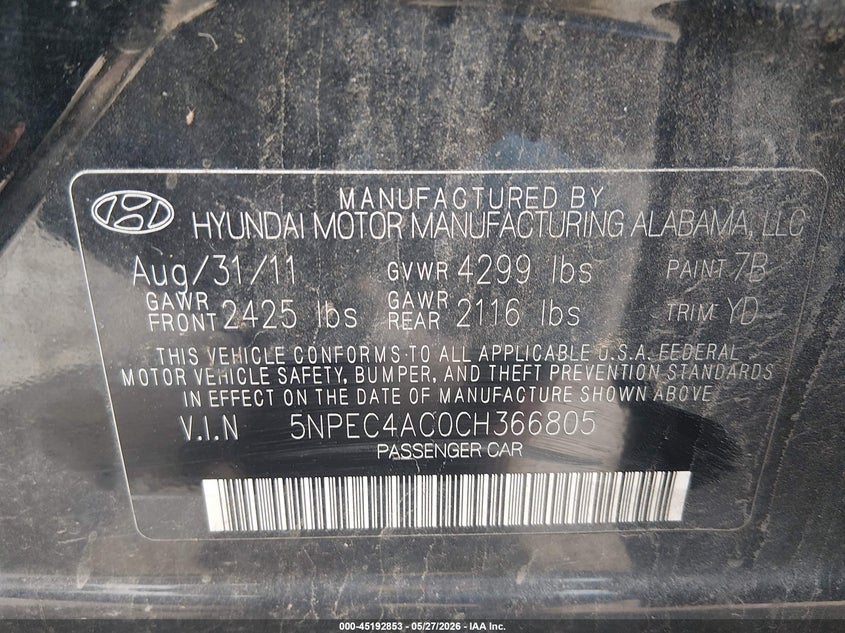 2012 Hyundai Sonata VIN 5NPEC4AC0CH366805 IAAI salvage auction — REAR END, Salvage (West Virginia), sold $900 on 2026-07-23 (photo 9)