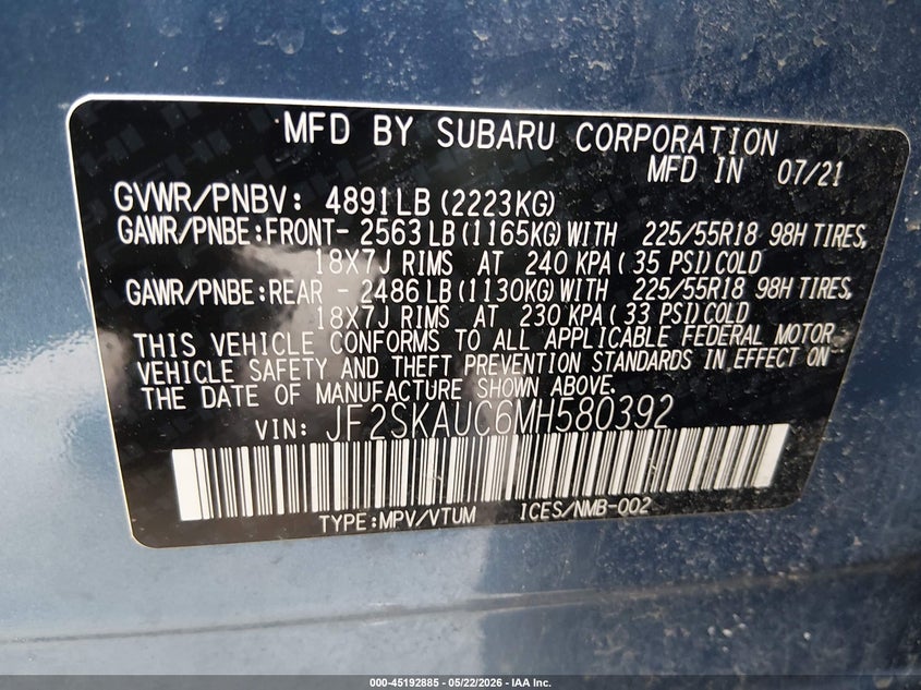 2021 Subaru Forester VIN JF2SKAUC6MH580392 IAAI salvage auction — FRONT END, Salvage (Illinois), sold $1,850 on 2026-07-28 (photo 9)