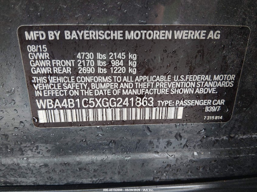 2016 BMW 4er VIN WBA4B1C5XGG241863 IAAI salvage auction — ENGINE DAMAGE, Salvage Title, sold $25 on 2026-07-23 (photo 9)