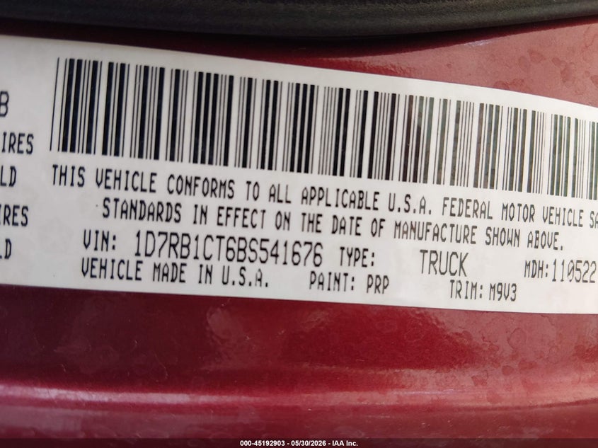 2011 Ram VIN 1D7RB1CT6BS541676 IAAI salvage auction — FRONT END, Original (Texas), sold $25 on 2026-07-24 (photo 9)