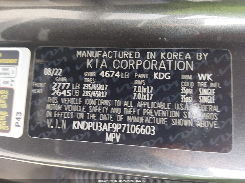2023 Kia Sportage VIN KNDPU3AF9P7106603 IAAI salvage auction — FRONT END, Salvage (Louisiana), sold $1,700 on 2026-07-14 (photo 9)