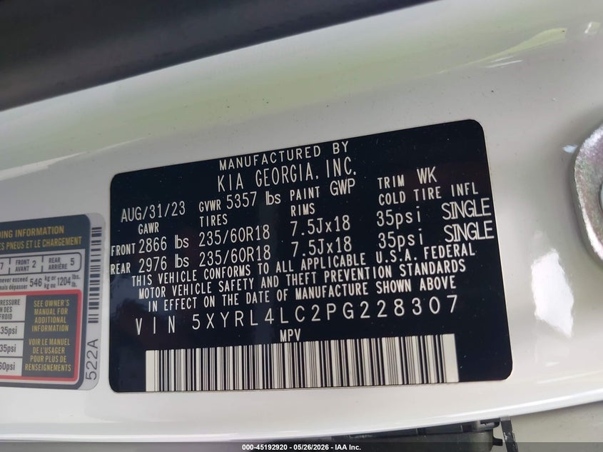 2023 Kia Sorento VIN 5XYRL4LC2PG228307 IAAI salvage auction — LEFT REAR, Salvage (Texas), sold $1,300 on 2026-07-23 (photo 9)
