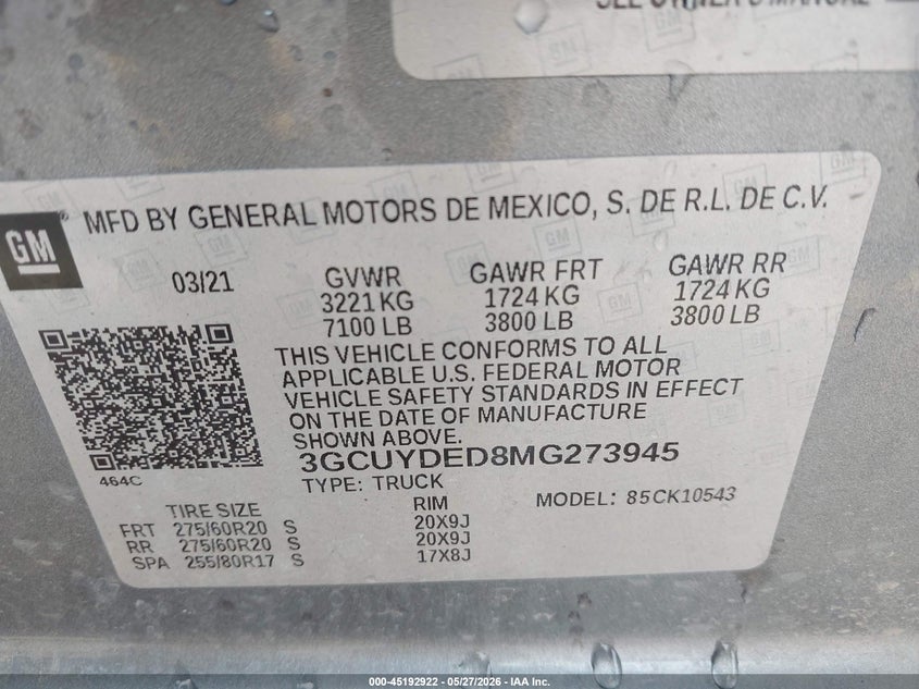 2021 Chevrolet Silverado VIN 3GCUYDED8MG273945 IAAI salvage auction — FRONT END, Salvage Title, sold $25 on 2026-07-27 (photo 9)