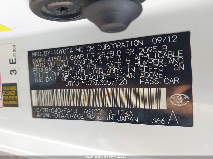 2013 Scion Tc VIN JTKJF5C7XD3057120 IAAI salvage auction — FRONT END, Bill Of Sale (Nebraska), sold $1,150 on 2026-07-30 (photo 9)