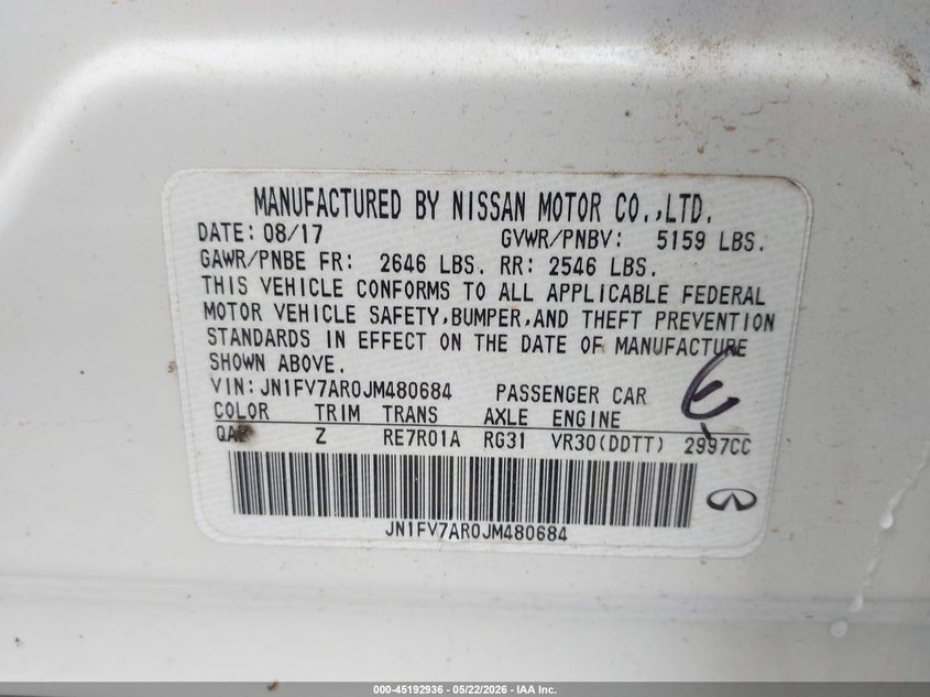 2018 Infiniti Q50 VIN JN1FV7AR0JM480684 IAAI salvage auction — FRONT END, Salvage (Alabama), sold $3,700 on 2026-07-15 (photo 9)