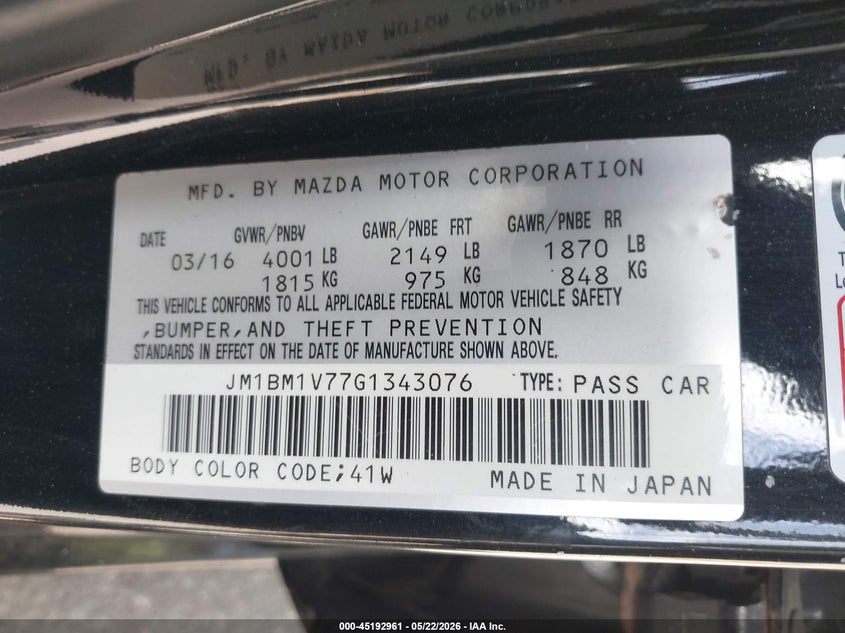 2016 Mazda VIN JM1BM1V77G1343076 IAAI salvage auction — FRONT END, Mv-907A (New York), sold $2,850 on 2026-07-07 (photo 9)