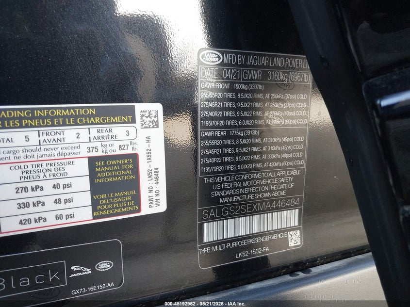 2021 Land rover RANGE ROVER VIN SALGS2SEXMA446484 IAAI salvage auction — NORMAL WEAR, Salvage (California), sold $26,350 on 2026-07-29 (photo 9)
