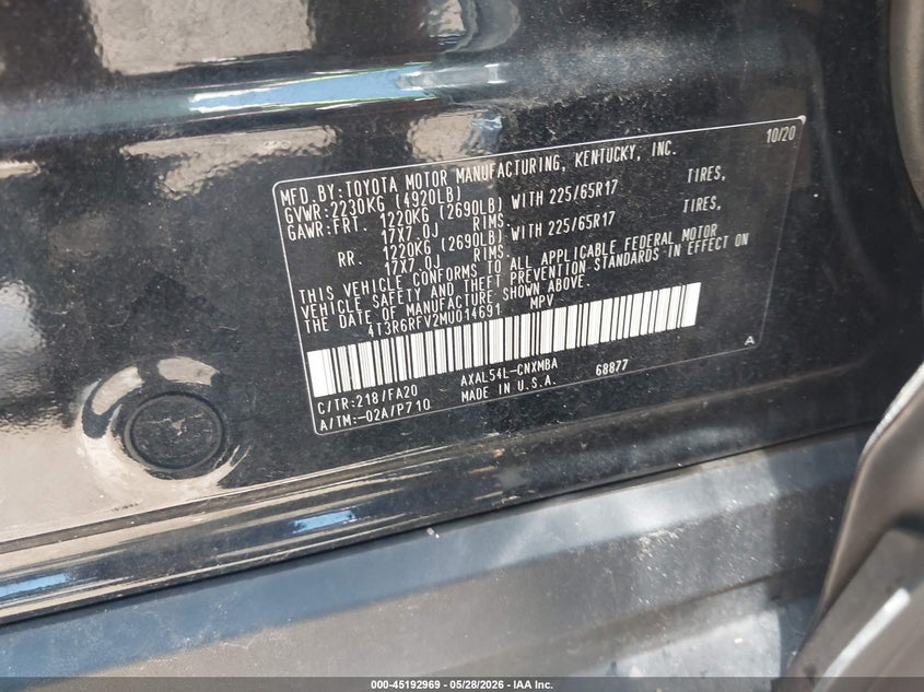 2021 Toyota Rav 4 VIN 4T3R6RFV2MU014691 IAAI salvage auction — LEFT FRONT, Salvage Title, sold $8,900 on 2026-07-23 (photo 9)