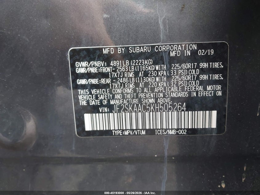 2019 Subaru Forester VIN JF2SKAAC5KH505264 IAAI salvage auction — REAR END, Salvage (Georgia), sold $3,900 on 2026-07-24 (photo 9)