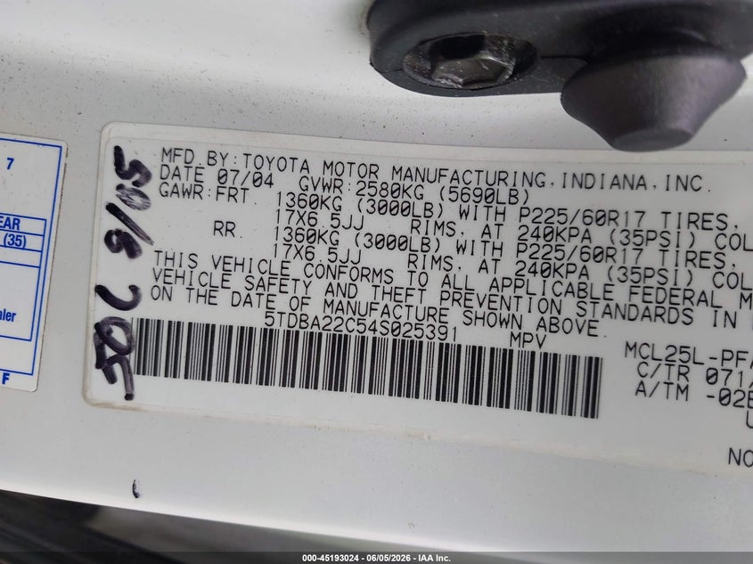 2004 Toyota Sienna VIN 5TDBA22C54S025391 IAAI salvage auction — LEFT SIDE, Prior Salvage (Minnesota), sold $25 on 2026-07-29 (photo 9)