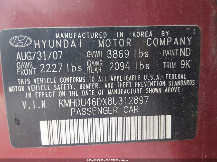 2008 Hyundai Elantra VIN KMHDU46DX8U312897 IAAI salvage auction — ENGINE BURN, Salvage Non-Reb (South Carolina), sold $275 on 2026-07-08 (photo 9)