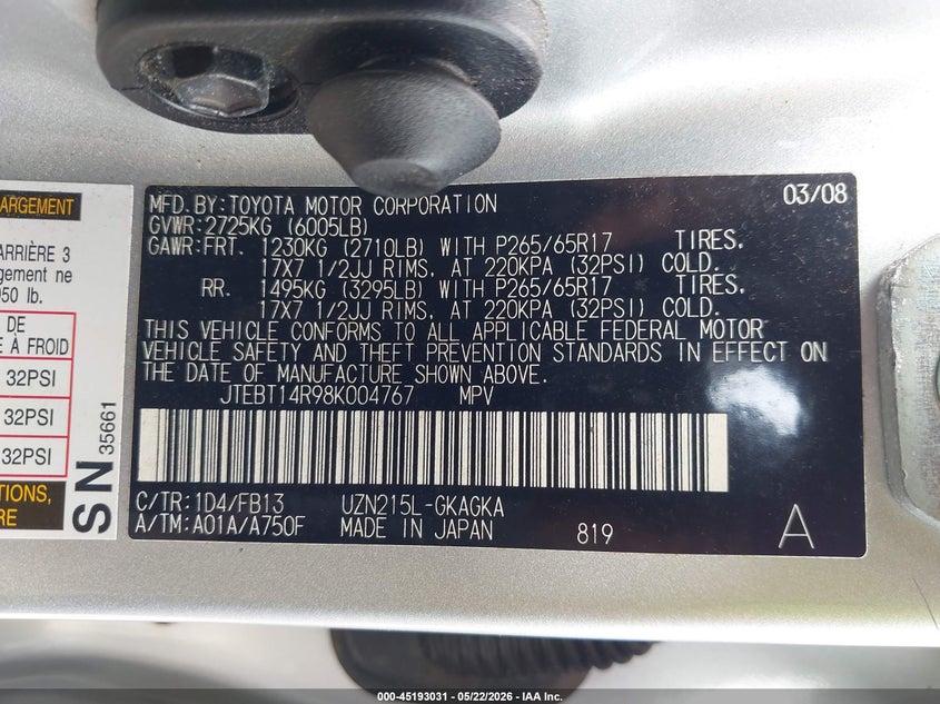 2008 Toyota 4runner VIN JTEBT14R98K004767 IAAI salvage auction — FRONT END, Salvage (Idaho), sold $2,900 on 2026-07-22 (photo 9)