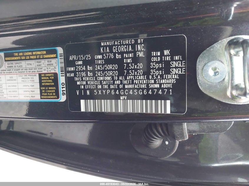 2025 Kia Telluride VIN 5XYP64GC4SG647471 IAAI salvage auction — REAR END, Salvage (Illinois), sold $15,700 on 2026-07-31 (photo 9)