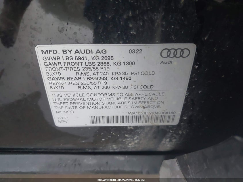 2022 Audi Q5 VIN WA1E2AFYXN2084160 IAAI salvage auction — RIGHT SIDE, Salvage Title, sold $16,300 on 2026-07-22 (photo 9)