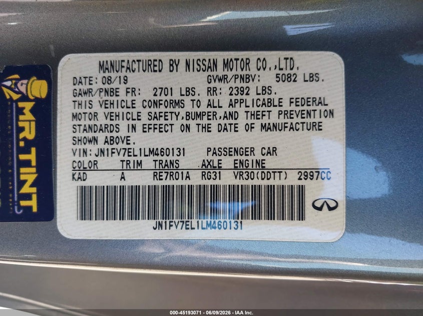 2020 Infiniti Q60 VIN JN1FV7EL1LM460131 IAAI salvage auction — THEFT, Salvage Title, sold $13,000 on 2026-07-07 (photo 9)