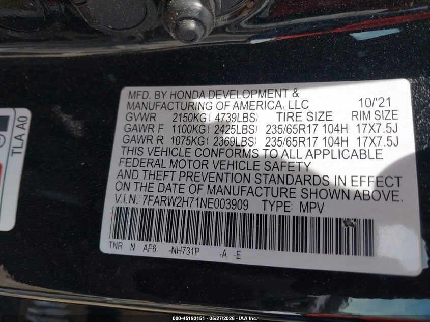 2022 Honda Cr-v VIN 7FARW2H71NE003909 IAAI salvage auction — FRONT & REAR, Salvage Title, sold $3,150 on 2026-07-24 (photo 9)