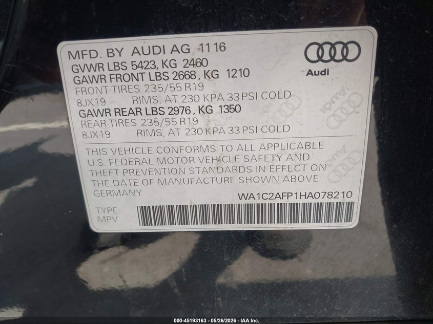 2017 Audi Q5 VIN WA1C2AFP1HA078210 IAAI salvage auction — UNDERCARRIAGE, Salvage Title, sold $2,850 on 2026-07-15 (photo 9)