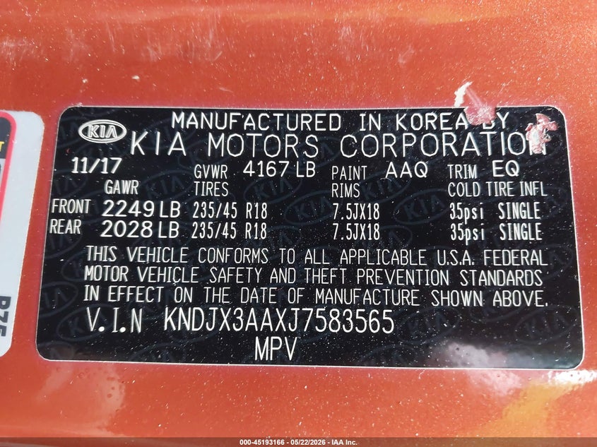2018 Kia Soul VIN KNDJX3AAXJ7583565 IAAI salvage auction — REAR END, Salvage Title, sold $2,325 on 2026-07-16 (photo 9)