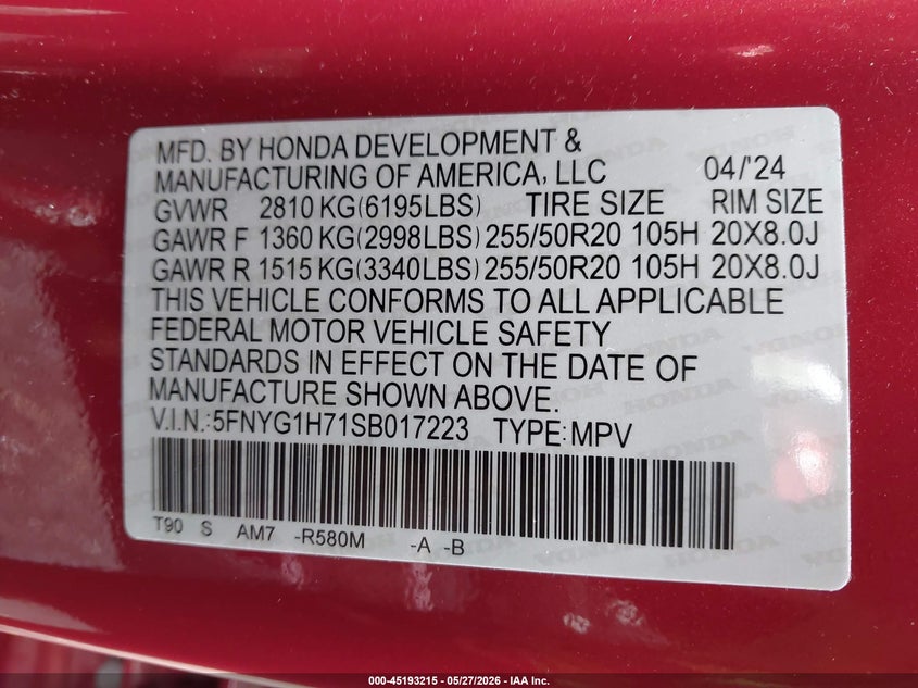 2025 Honda Pilot VIN 5FNYG1H71SB017223 IAAI salvage auction — FRONT END, Salvage - 75% Or Less (Maryland), sold $15,000 on 2026-07-28 (photo 9)