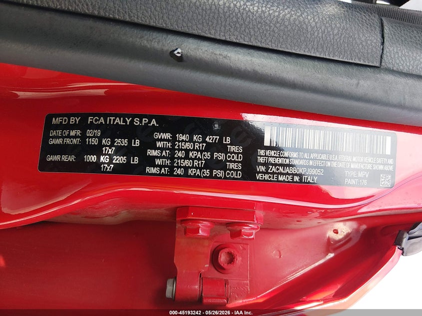 2019 Jeep Renegade VIN ZACNJABB0KPJ99052 IAAI salvage auction — FRONT END, Salvage (Texas), sold $25 on 2026-07-30 (photo 9)