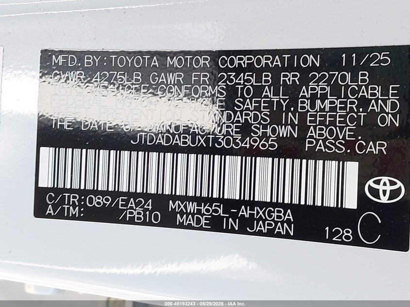 2026 Toyota Prius VIN JTDADABUXT3034965 IAAI salvage auction — LEFT & RIGHT, Salvage Title, sold $5,700 on 2026-07-21 (photo 9)
