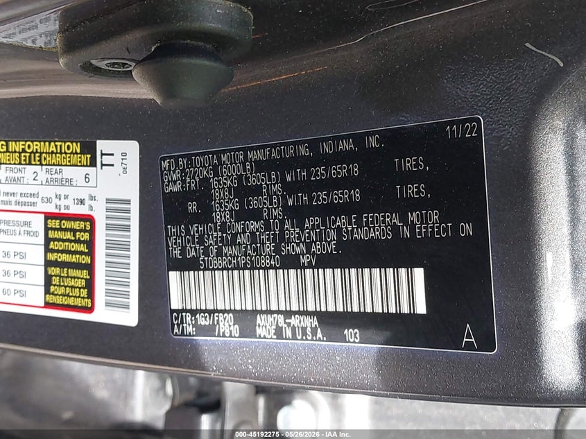 2023 Toyota Highlander VIN 5TDBBRCH1PS108840 IAAI salvage auction — FRONT END, Mv-907A (New York), sold $14,050 on 2026-07-07 (photo 9)