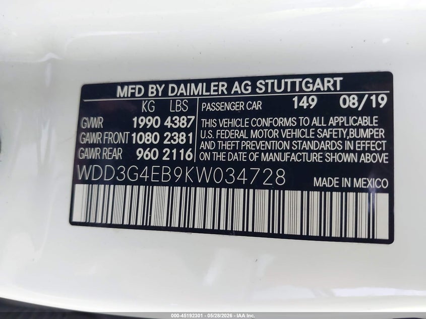 2019 Mercedes-benz A-klasse VIN WDD3G4EB9KW034728 IAAI salvage auction — MECHANICAL, Salvage Title, sold $3,750 on 2026-07-24 (photo 9)