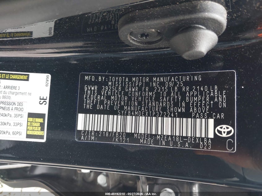 2026 Toyota Corolla VIN 5YFB4MDEXTP372241 IAAI salvage auction — FRONT END, Salvage Title, sold $7,400 on 2026-07-07 (photo 9)