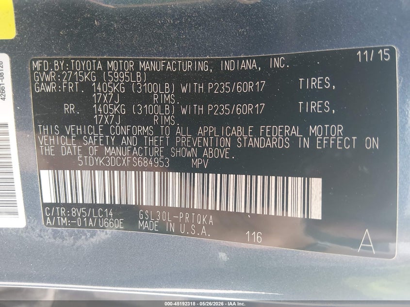 2015 Toyota Sienna VIN 5TDYK3DCXFS684953 IAAI salvage auction — STORM DAMAGE, Salvage (Arkansas), sold $5,150 on 2026-07-15 (photo 9)