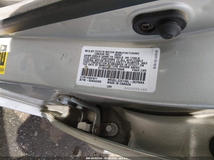 2003 Toyota Corolla VIN 2T1BR38E63C079068 IAAI salvage auction — SIDE, Salvage (New Jersey), sold $675 on 2026-07-10 (photo 9)