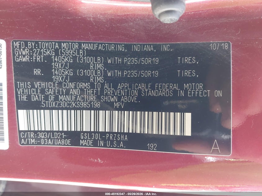 2019 Toyota Sienna VIN 5TDXZ3DC2KS985198 IAAI salvage auction — FRONT END, Salvage Title, sold $4,150 on 2026-07-17 (photo 9)