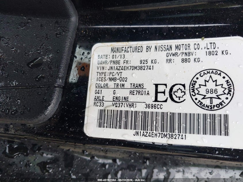 2013 Nissan 370z VIN JN1AZ4EH7DM382741 IAAI salvage auction — REAR END, Salvage (Ohio), sold $6,050 on 2026-07-28 (photo 9)
