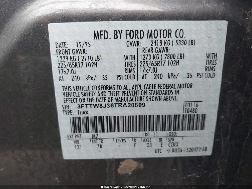 2026 Ford Maverick VIN 3FTTW8J36TRA20809 IAAI salvage auction — RIGHT FRONT, Salvage - Greater Than 75% (Maryland), sold $13,025 on 2026-07-28 (photo 9)