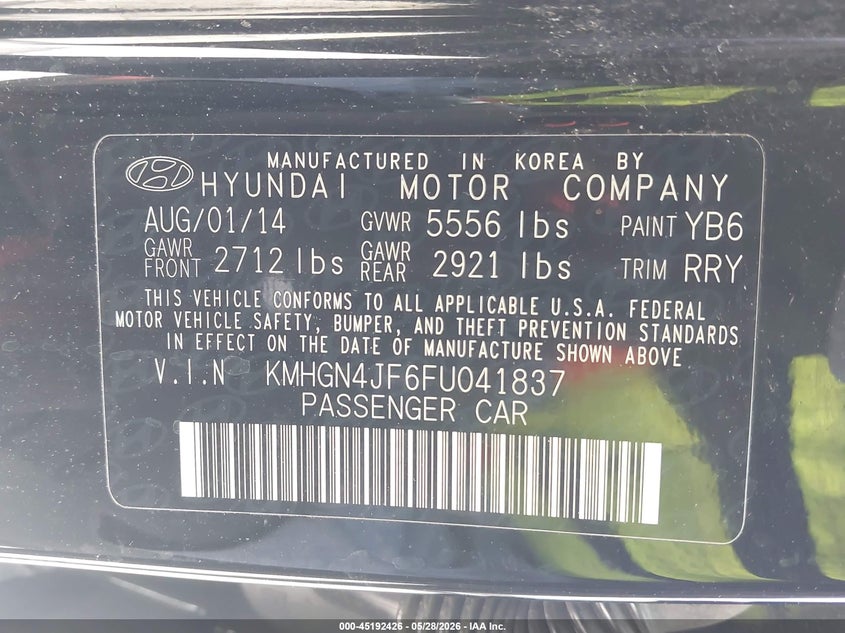 2015 Hyundai Genesis VIN KMHGN4JF6FU041837 IAAI salvage auction — FRONT END, Salvage (Kentucky), sold $25 on 2026-07-29 (photo 9)