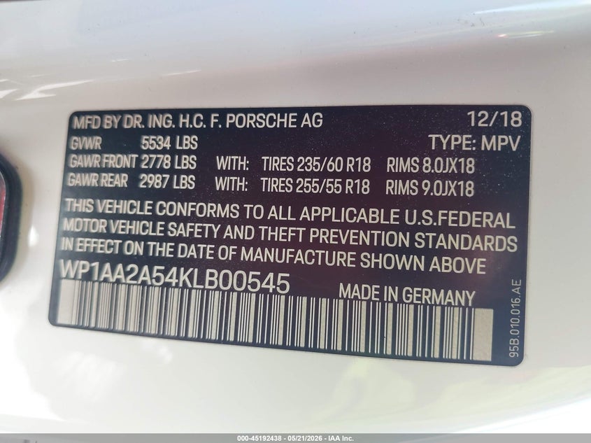 2019 Porsche Macan VIN WP1AA2A54KLB00545 IAAI salvage auction — FRONT END, Rebuildable (Florida), sold $8,800 on 2026-07-09 (photo 9)