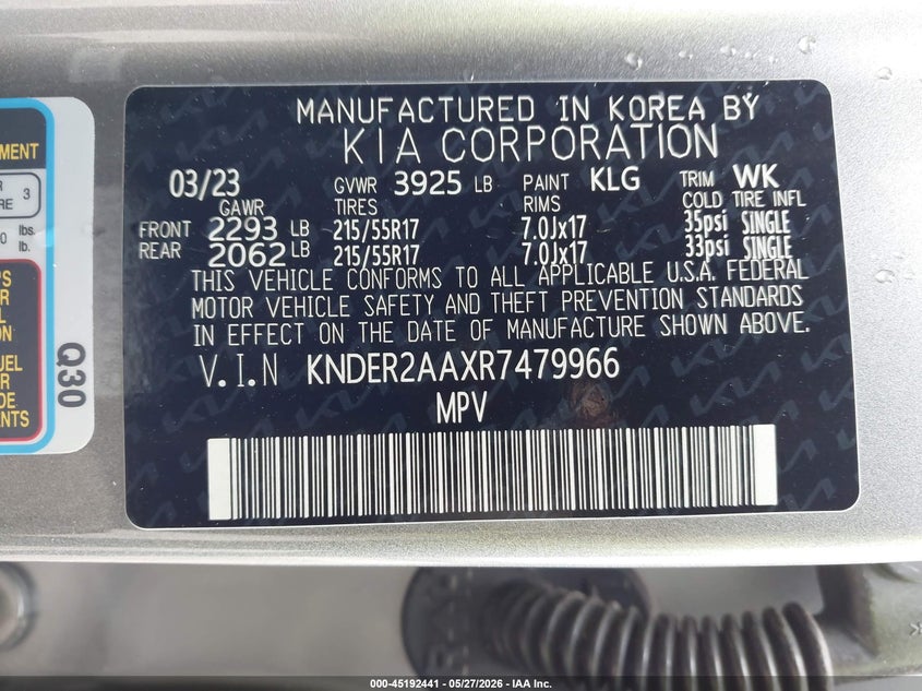 2024 Kia Seltos VIN KNDER2AAXR7479966 IAAI salvage auction — FRONT END, Salvage Title, sold $6,900 on 2026-07-21 (photo 9)