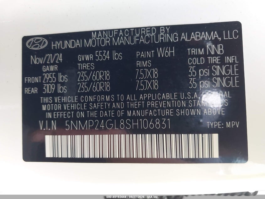 2025 Hyundai Santa fe VIN 5NMP24GL8SH106831 IAAI salvage auction — LEFT FRONT, Salvage Title, sold $8,600 on 2026-07-30 (photo 9)