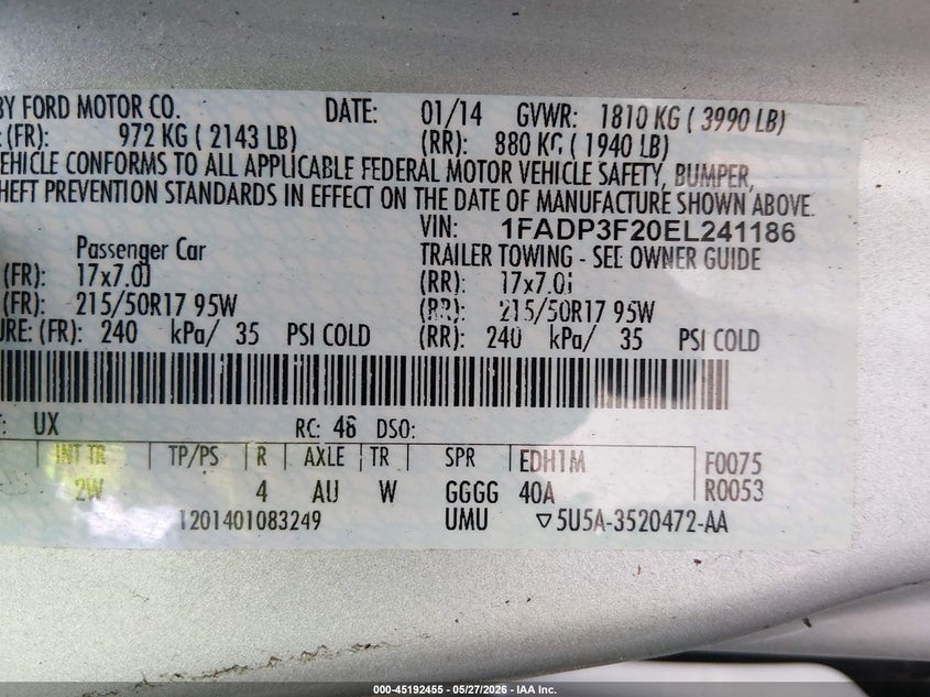 2014 Ford Focus VIN 1FADP3F20EL241186 IAAI salvage auction — FRONT END, Salvage Title, sold $575 on 2026-07-22 (photo 9)