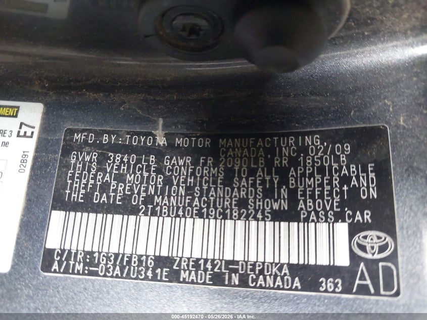 2009 Toyota Corolla VIN 2T1BU40E19C182245 IAAI salvage auction — ROLLOVER, Clear (Virginia), sold $325 on 2026-07-19 (photo 9)
