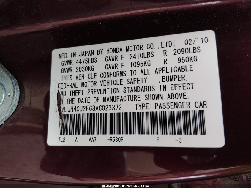 2010 Acura Tsx VIN JH4CU2F68AC023372 IAAI salvage auction — FRONT END, Salvage (New Jersey), sold $425 on 2026-07-07 (photo 9)