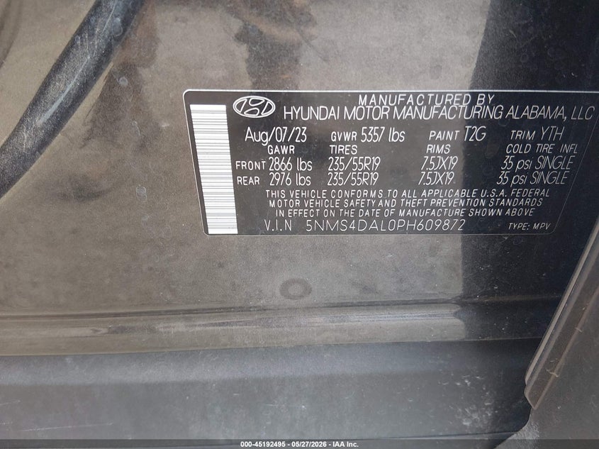 2023 Hyundai Santa fe VIN 5NMS4DAL0PH609872 IAAI salvage auction — RIGHT REAR, Salvage Title, sold $8,700 on 2026-07-20 (photo 9)