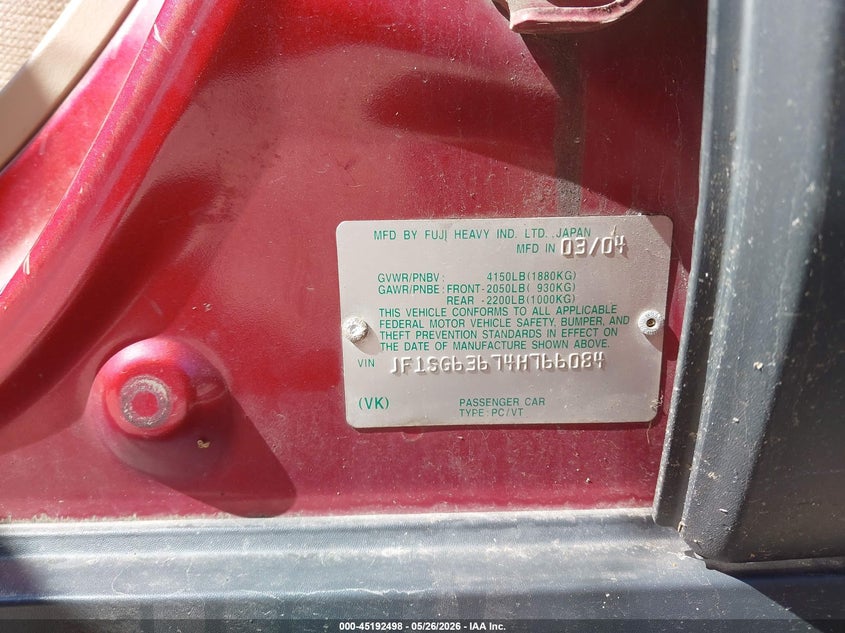 2004 Subaru Forester VIN JF1SG63674H766084 IAAI salvage auction — NORMAL WEAR, Original (Maine), sold $250 on 2026-07-06 (photo 9)